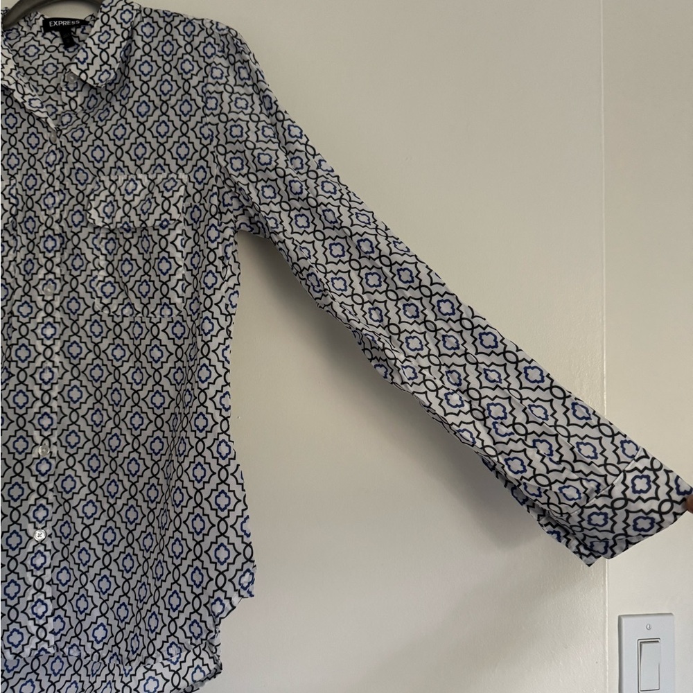 Express Navy And White Patterned Button-Down Shirt - image 3